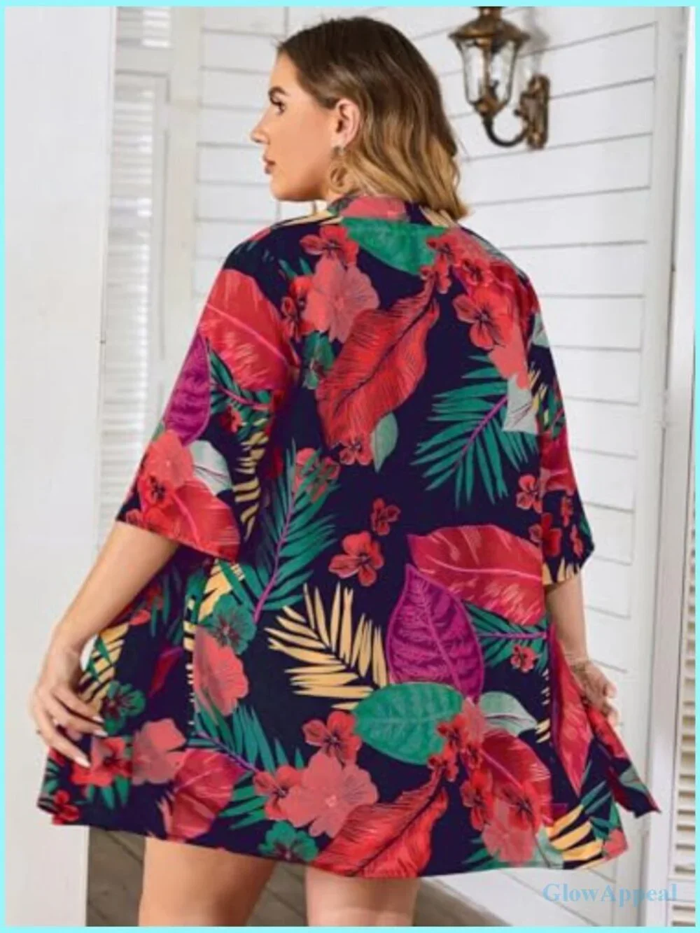 Plus Size 2 Piece Tropical Print Kimono Top & Shorts Set